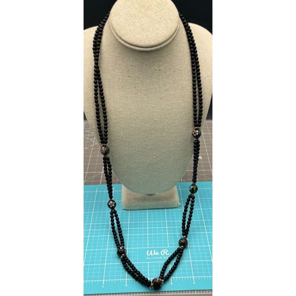 Vintage Asian Black Bead Double Strand Necklace With Hand-Crafted Cloisonné Flor